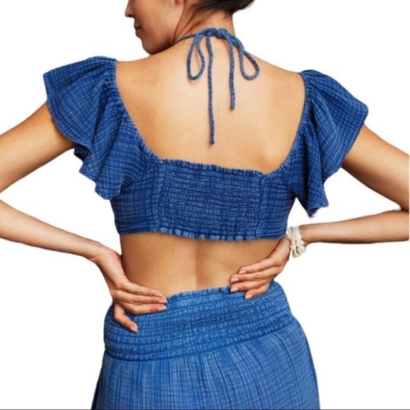 anthropologie Daily Practice Jerry Cinched Top Crop Medium Cobalt Blue - Picture 2 of 2